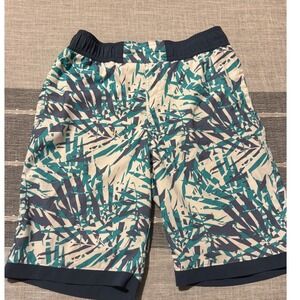 Columbia Kids Boys Size L Swim Trunks Shorts Blue Green Leaf Print Elastic Waist